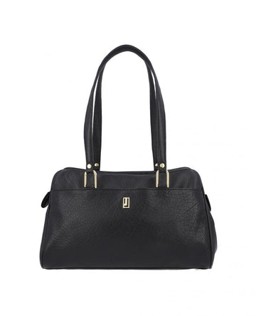 Leather handbag featuring three sections.