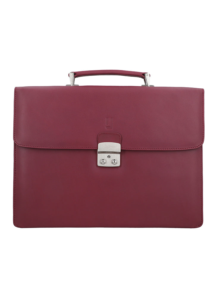 Secure leather  document case with key lock, compartments for laptop and essentials.