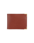 Sleek leather wallet with Gold corners.