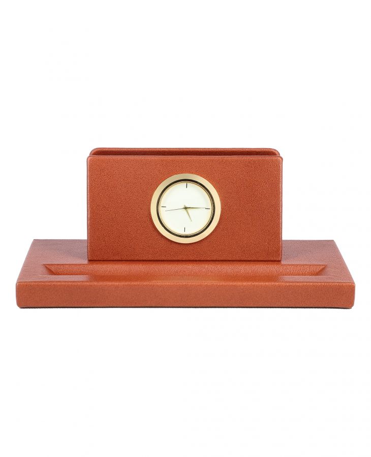 Leather letter holder with clock.