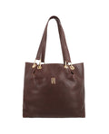 Classical leather tote bag with gold fittings.