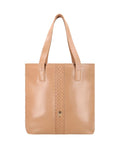 Leather tote bag with gold fittings.