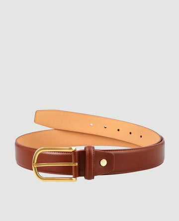 Tan, Timeless glazed leather belt with elegant buckle.
